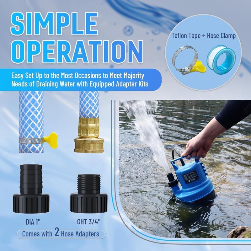 PANRANO 1/2 HP Submersible Water Pump 2900 GPH Portable Small Sump Pump For Pool Cover, Basements, Puddles, Gardens Ponds With 16.4 Ft Power Cord and Hose Adapters, Sky Blue - Image 5